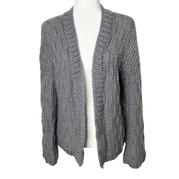 Handmade Women's Cardigan Sweater L Gray Open Front Bell Long Sleeve Chunky Knit - Picture 1 of 5